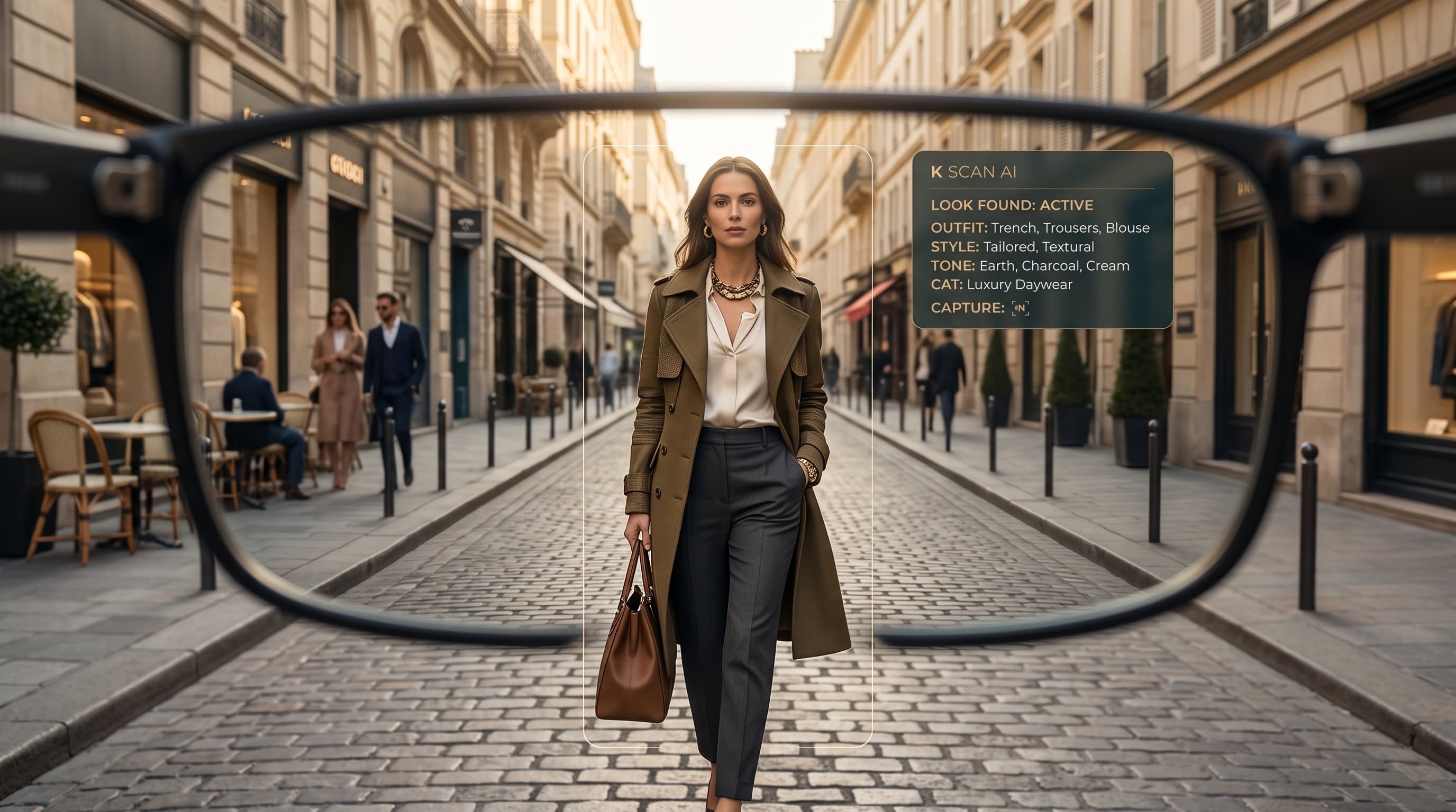 Smart glasses HUD view on a city street identifying a woman's trench coat, trousers, and blouse in real time