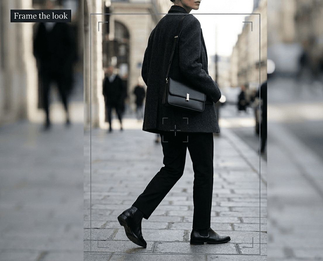 K Scan capture mockup showing a fashion look framed through a camera viewfinder.