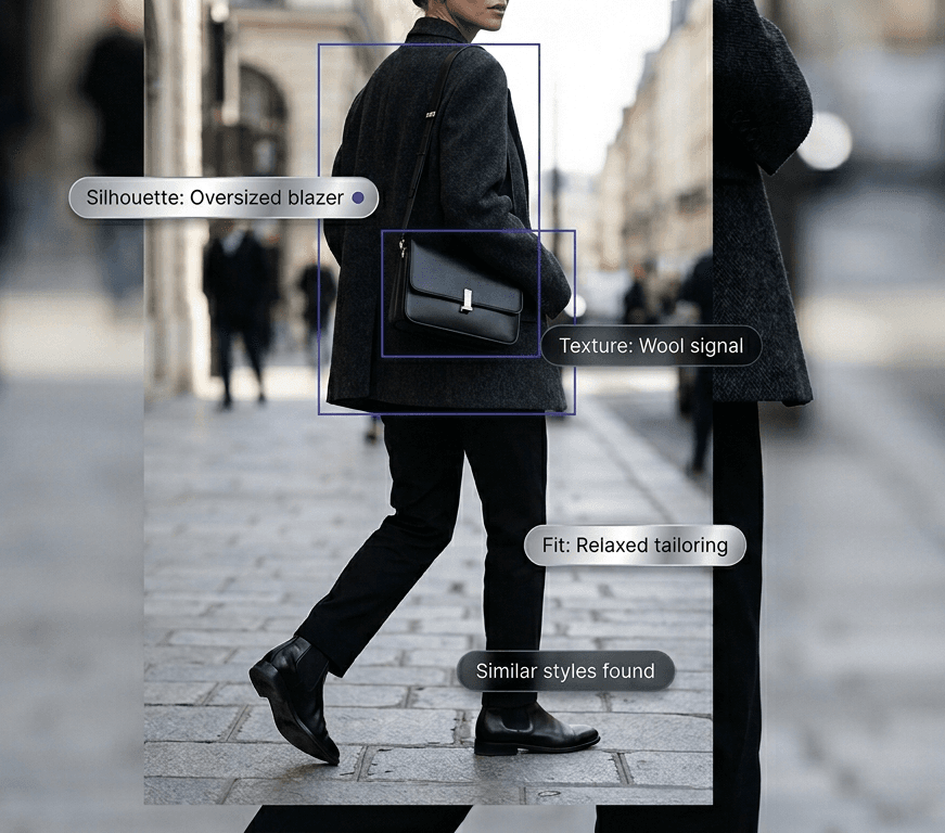 K Scan identify mockup showing fashion attributes detected inside an outfit photo.