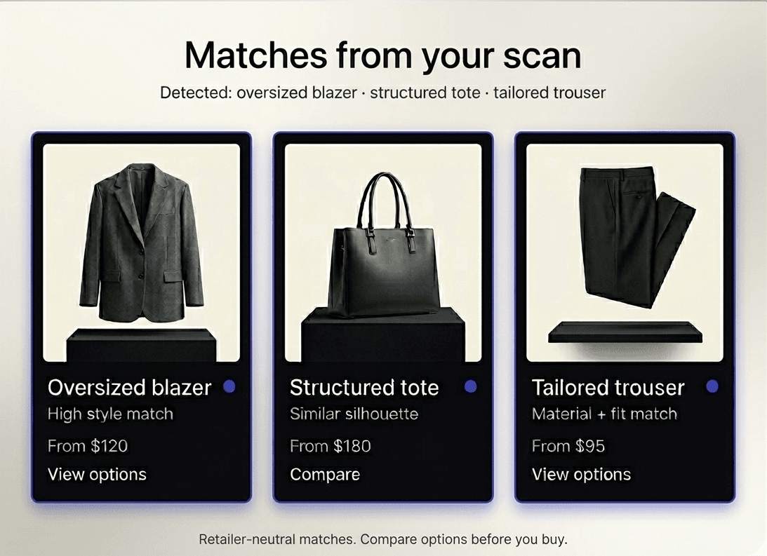 K Scan match results mockup showing retailer-neutral product matches from a scanned outfit.