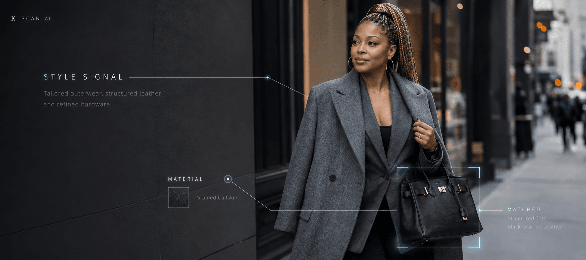 Street fashion discovery scene showing K Scan visual search callouts around a tailored look