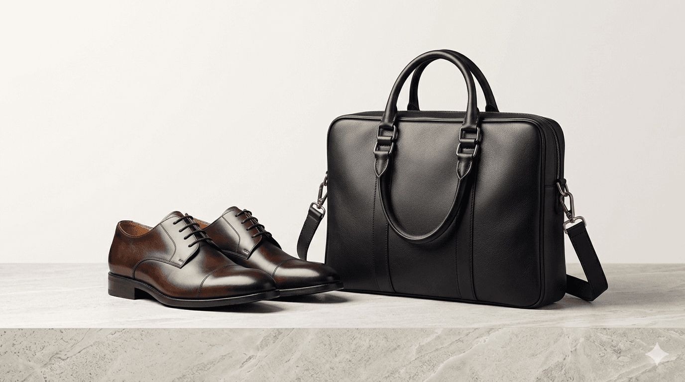 K Scan fashion product preview with leather shoes and a structured bag