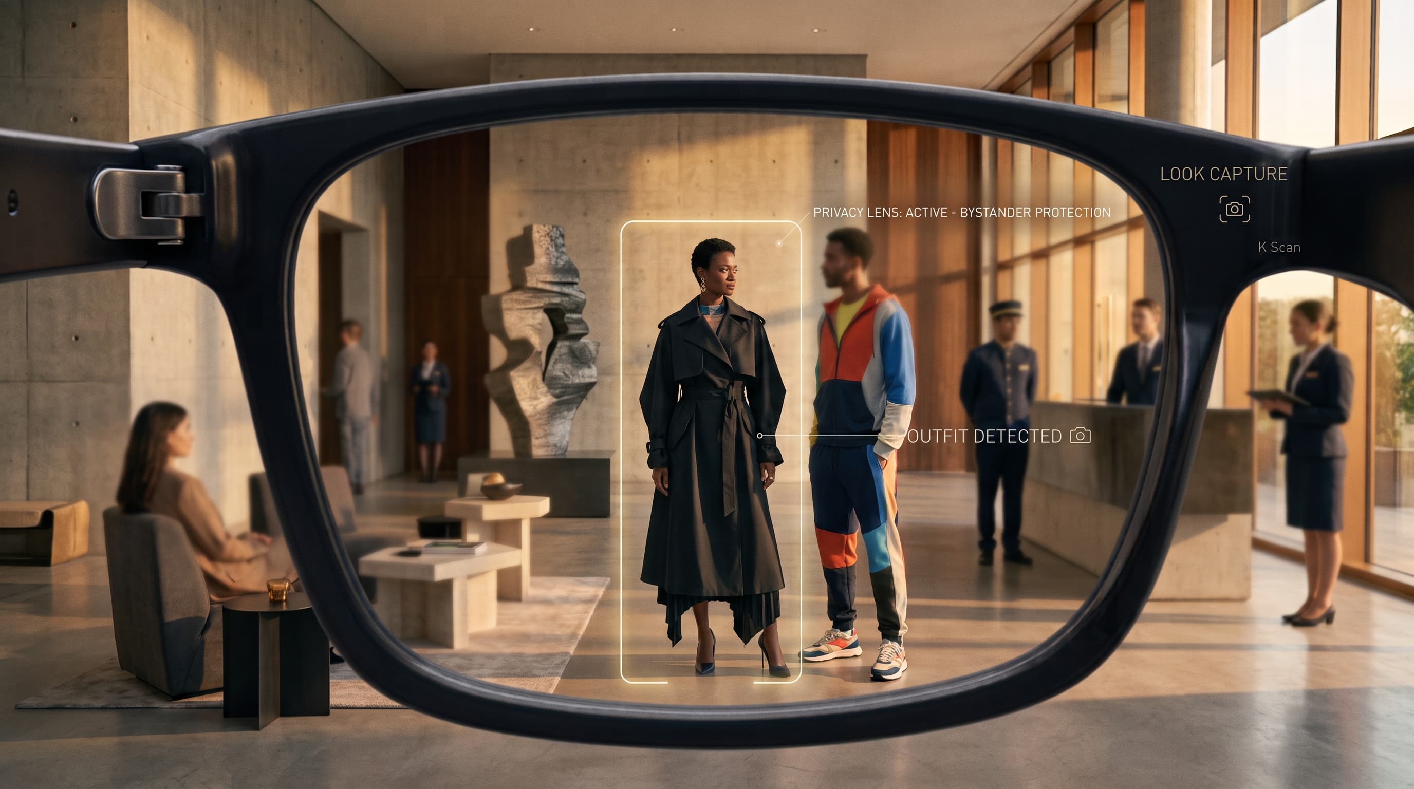 Smart glasses HUD view in a lobby showing Privacy Lens active with bystander protection while an outfit is detected for capture