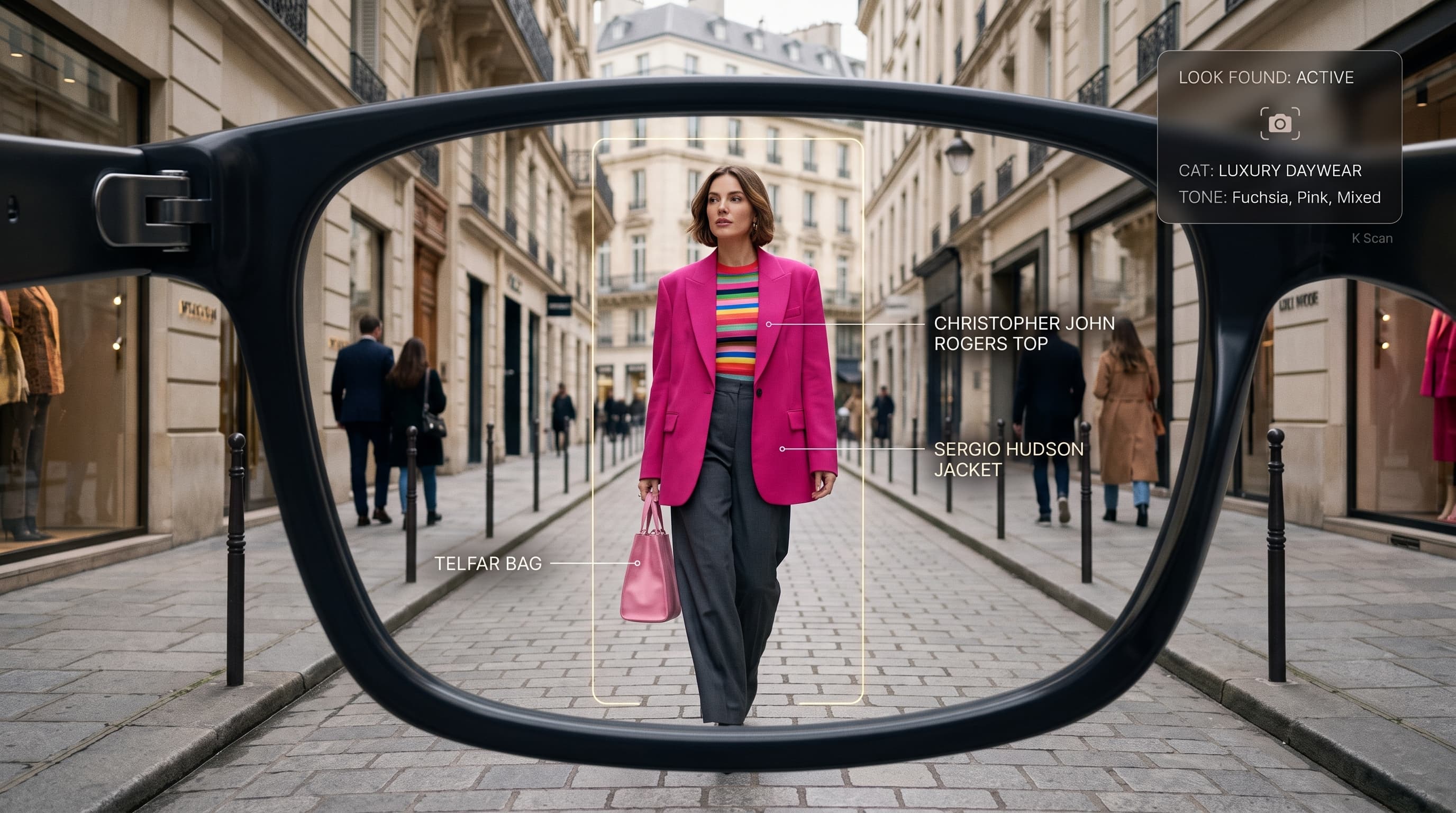 Concept view through a K Scan AI smart glasses heads-up display, identifying a Telfar bag and other fashion items on a city street
